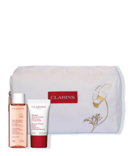 REGALO CLARINS NECESER BLANCO FLOR DORADA 2 MINITALLAS
