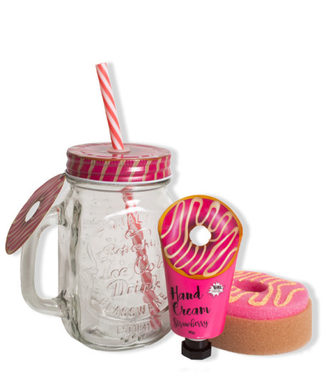 SET DE BAÑO JARRA DE CRISTAL DONUTS DE FRESA